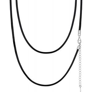 Kales-Collier Cuir Noir Avec Fermoir Argent 925 Pour Femme Homme,Chaîne Cordon Fine De 1mm/2mm,Longueur-41cm/46cm/51cm/55cm/61cm/66cm/71cm - Neuf