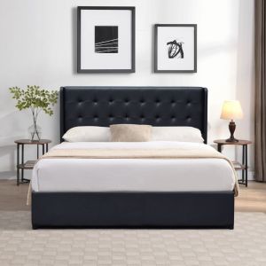 Lit Coffre Dehoussable 140x200 Trixie Noir T&ecirc;te De Lit Capitonn&eacute;e 12 Lattes Montage Rapide Rev&ecirc;tement Pvc Simili Facile Entretien - Neuf