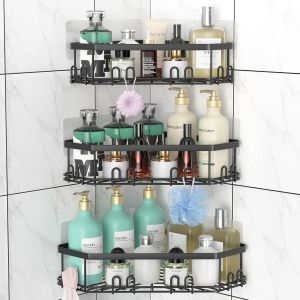 Porte-Savon d'Angle, Organisateur de Douche avec 12 Crochets - Lot de 3 Étagères Adhésives en Acier Inoxydable pour Salle de Bain - Installation sans Percage (Noir Mat) - Neuf