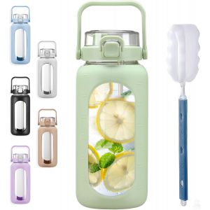 Subzonal-2l Gourd En Verre Avec Paille Marqueur De Temps Bouteille D'eau Motivation Avec Manchon En Silicone 2 Litres Grande Carafe D'eau En Verre Pour Gym, Sports Et Entra&icirc;nement, Vert - Neuf