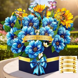 Checarzhn--No1-Carte Anniversaire Femme, 3d Fleurs Bleues Carte Fete Des Meres Avec Enveloppe Et Diy Autocollants, Belles Fleurs Carte Pop Up Pour Maman Mère Épouse Amis Famille Collègues, Cadeau Fem - Neuf