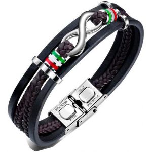 Eryi-Infini Bracelet Cuir Pu Brun Trois Rangées Acier Inoxydable Fermoir 21cm B309 - Neuf