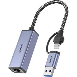 KALANKA-Adaptateur USB Ethernet, 2-en-1 Adaptateur USB 3.0 et USB C vers RJ45 R&eacute;seau LAN (1 Gbps), Compatible avec MacBook Pro, Surface Pro, Windows 11/10/8/7, Mac OS [Alu carlingue et Fil Nylon] - Neuf