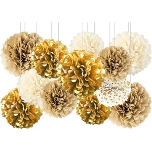MEVRONISSHOP-Lot de 12 Pompons Papier de soie Gradient Dor&eacute; Pompons de Mariage Papier D&eacute;coration pour D&eacute;coration Suspendre de Plafond de F&ecirc;te, Decoration Anniversaire, Decoration Mariage(8""&10""&12"") - Neuf