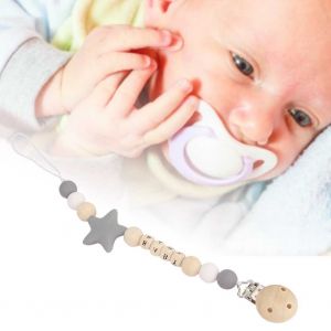 Attache-Tetine En Bois Et Silicone Pour Enfant, En Forme D'etoile, Avec Perles Decoratives (Gris) - Neuf