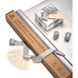 Papier Cadeau Métallisé Argenté 43 Cm Avec 3 Rouleaux De Rubans Argentés À Franges Et 6 Étiquettes Cadeaux, Ensemble De Papier Cadeau De Luxe Imperméable Pour Anniversaire, Mariage Et Noël - Neuf