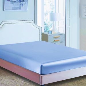 Drap-Housse Classique En Satin Soyeux Et Soyeux Uniquement, Couleur Unie, Cyan, Très Grand Lit (150/160 X 200 + 30 Cm) - Neuf