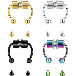 4 Pcs Anneau De Nez De Septum Magn&eacute;tique Aimant En Acier Inoxydable Faux Anneau De Nez De Septum - Neuf