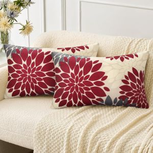 Trahoo-Taie D'oreiller D&eacute;coratif 30x50 Housse Coussin En Lin Housses Coussins Rouge Et Gris Fleurs De Dahlia Taie D'oreiller Boh&egrave;me Art Pour Chambre, Canap&eacute;, Chaise, Lit, Jardin, Lot De 2 - Neuf