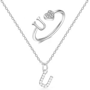 Kal-Collier Initiale Lettre A-Z Collier Avec Lettre En Zircons D'argent Pendentif Bague Ouverte Lettre Initiale Bague Argent Femme Initiaux De Coeur Pour Femme Fille - Neuf