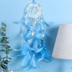 Lampe attrape-rêves de lumière LED, attrape-rêves faits à la main avec des plumes, de la tenture murale, décoration d'intérieur, lumière de nuit, cadeaux pour enfants, chambre à coucher (bleu) - Neuf