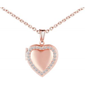 Kales-Collier Zircone Coeur M&eacute;daillon Pendentif Personnalis&eacute; Photo En Acier Inoxydable,Collier Femme Medaillon Porte Photo Cadeau Pour Maman &Eacute;pouse Petite Amie - Neuf