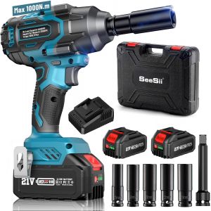 MEVRONISSHOP-1000 N.m Cl&eacute; &agrave; Chocs Sans Fil Brushless, 1/2 pouce Boulonneuse a Choc Electrique avec 2x4.0Ah Batterie, Chargeur Rapide, Visseuse &agrave; Choc avec 5 Douilles pour la Voiture et la Maison - Neuf