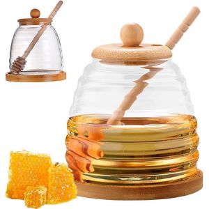 BHHBB-Ruioomeep Pots à miel avec cuillère, pot à miel, distributeur de miel, verre à miel avec cuillère à miel, verre à miel avec couvercle en bois, récipient en verre scellé, pour servir le miel/sir - Neuf