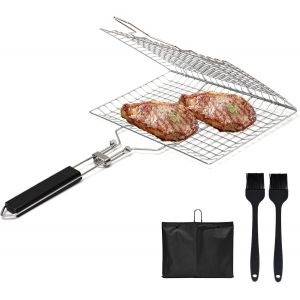 Panier Grille pour Barbecue, Pliable en Acier Inoxydable (32 x 22cm),L&eacute;gumes ou Crevettes, avec Poign&eacute;e Amovible, Brosse &agrave; Badigeonner et Sac de Rangement - Neuf
