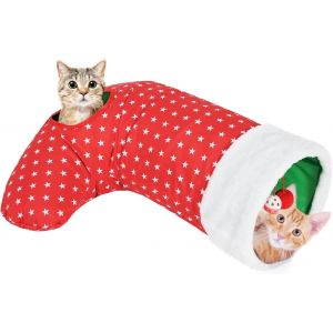 Tunnel Pour Chat, Tube &Agrave; 2 Voies En Forme De Bas De No&euml;l En Peluche Polyester, Jouet Interactif Amusant Avec Papier Froiss&eacute; Et Cadre Pour Chaton Furet Lapin Petits Animaux De Compagnie, Rouge - Neuf