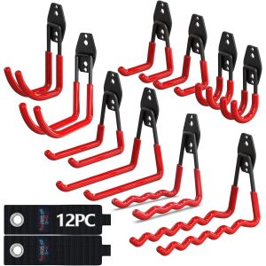 Crochet Mural Garage 12PC,Rangement Garage,Crochet Mural en Acier Avec 3 Soudures au Lieu de 2 Plus Fortes pour Êchelle,Vélos,Tuyaux,Outils électriques(Rouge) - Neuf