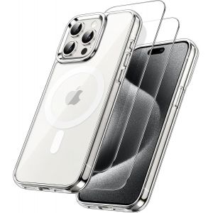 KALANKA-3 en 1 Coque Magn&eacute;tique pour iPhone 15 Pro 6,1 Pouces avec Lot de 2 Films de Protection D'&eacute;cran en Verre Tremp&eacute;, Compatible avec MagSafe, &Eacute;tui Housse Antichoc (Transparente) - Neuf