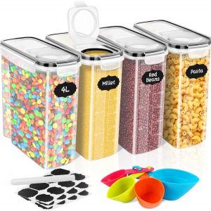 4l Boite Rangement Cuisine Lot De 4,Boîte De Conservation Alimentaire En Plastique Sans Bpa,Bocaux Hermetiques Alimentaires En Plastique Scellée Avec Couvercle,Pour Céréales,Pâtes - Neuf