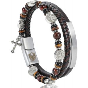 Eryi-Bracelet Homme En Cuir, Bracelet Catholique Avec Croix Médaille Et St Benoît Pour Homme, ?il De Tigre, Cadeau Spirituel Pour Père Petit Ami Frère - Neuf