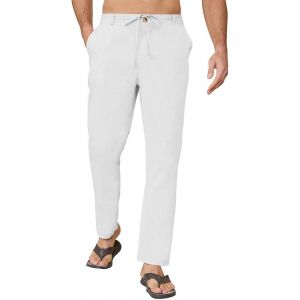 Pantalon Coton Lin Homme Été Léger Pantalon De Loisir Avec Poches Décontracté Pantalons Taille Élastique Et Cordon De Serrage Pantalons De Yoga Respirant Ample De Plage Pants - Neuf