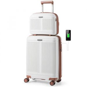 COSTWAY Bagage de Cabine 20" Trousse à Cosmétiques 14" avec Serrure TSA Port USB roulettes Approuvé par Compagnies Aériennes Blanc - Neuf