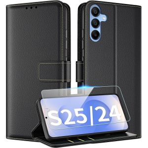 Kal-Coque Pour Samsung Galaxy S25 5g / S24 5g Coque Etui Avec Verre Trempé Porte Carte À Rabat Clapet Portefeuille En Cuir Pochette Antichoc Flip Case Étui Cover Housse Protection Coque,Noir - Neuf