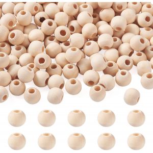 Meimie-Pandahall Lot De 200 Perles Rondes En Bois Naturel De 10mm À Grand Trou-Perles D'espacement En Vrac Avec Trou De 4mm Pour Travauxmanuels,Décorations Faites À Lamain,De Bijoux,Blanc Antique - Neuf