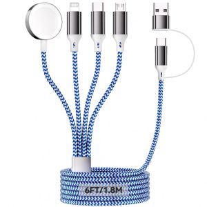 TRAHOO-4 en 2 Multiple Rapide Chargeur pour A pple Watch, 1.8M/6FT C&acirc;ble Tress&eacute; Nylon USB A/C vers Port iOS/Type C/Micro USB/iWatch Compatible pour iWatch Ultra/SE/1-11/iPhone/iPad/AirPods/Galaxy - Neuf