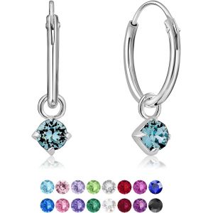 Kal-&reg; Boucles D'oreilles Petites Cr&eacute;oles En Argent Fin 925 Avec Petit Pendentif 3 Mm Cristaux De Swarovski&reg; Elements Ronds - &Eacute;paisseur 1.5 Mm - Diam&egrave;tre: 14 Mm - Choix De Diff&eacute;rentes Couleurs - Neuf