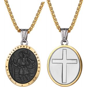 Kal-Collier Pour Homme Avec Saint Christophe : Pendentif Double En Acier Inoxydable Avec Amulette Religieuse Protectrice - Neuf