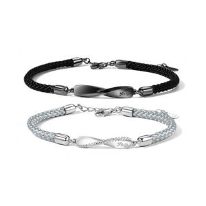 C03 Lot De 2 Bracelets Pour Couple Avec Anneau Mobius En Argent S925 Tress&eacute; Noir Et Rouge, R&eacute;glables, Pour Hommes Et Femmes - Neuf