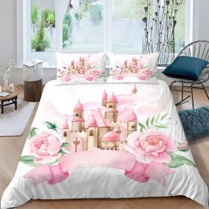 Parure De Lit Pour Enfant X Cm Dessin Anim&eacute; Fille Housse De Couette Rose Chateau Parure De Lit En Microfibre Ensemble De Literie + Taies D'ore - Neuf