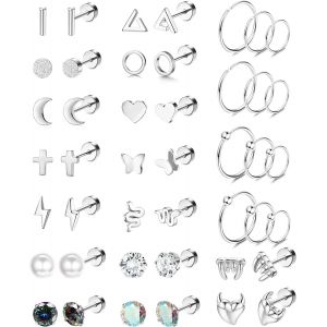 Kal-22 Paires De Clous D'oreilles Cartilage Pour Femme Homme Acier Inoxydable 316l Moon Star Snake Leaf Cz Geometric Cartilage 20g Tragus Helix Ear Piercing Flat Back Stud Piercing Jewelry - Neuf