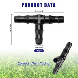 190 Pièces 4/7 mm Plastique Tee Raccord de Tuyau, T Connecteur Barbelé pour Tuyau d'arrosage de Jardin,Tee-Joint pour Irrigation Goutte a Goutte,pour Systèmes d'Arrosage Jardin,Pelouse - Neuf