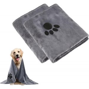 Jgd-2 Pi&egrave;ces Serviette Pour Chien Extra Absorbante Et S&eacute;chage Rapide, Peignoir Chien Accessoires, En Microfibre Pour Grands Moyens Et Petits Chiens, Chats Ou Autres Animaux, Gris (75 X 35 Cm) - Neuf