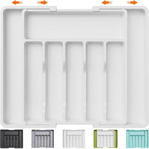 Sjzg-Range Couverts, Plateau D'ustensiles Extensible Pour Tiroir, Organisateur De Tiroir R&eacute;glable Pour La Cuisine, Rangement Compact En Plastique Pour Contenir Des Cuill&egrave;res, Fourchettes, Blanc - Neuf