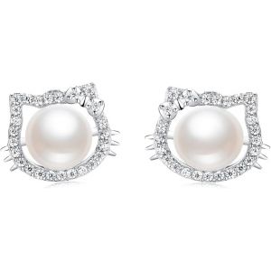 Chenquansarl-Boucles D'oreilles En Argent Pour Femme ¿ Argent Sterling 925 Et Zircone - Boucles D'oreilles À Tige En Forme De Chat Mignon Pour Femmes, Filles Et Enfants - Neuf