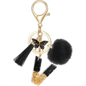 Kal-Porte Clé Lettre Avec Initiale, Porte Clef Alphabet Avec Pendentif Pompon Tassel Papillon Pour Femmes Filles, Charme De Porte Clés En Résine Noir Pour Clé De Voiture Sac À Main Décor - Neuf