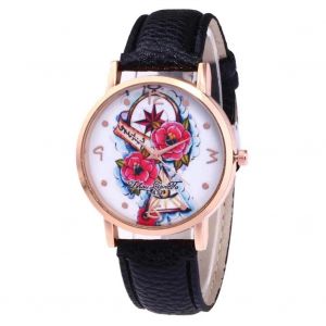 Zhoulianfa À La Mode Rose Motif Femme Montre Pu En Cuir Bracelet Montre-Bracelet Noir - Neuf