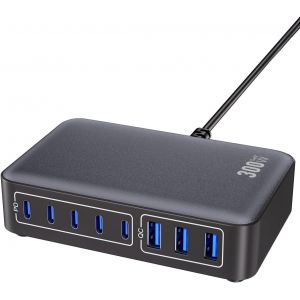 Chargeur USB-C GaN 300 W, 5 ports USB-C et 3 ports USB-A PD, chargeur de bureau compact multi-ports pour ordinateur portable, smartphone, tablette, MacBook, iPhone 17/16/15, Samsung, iPad - Neuf