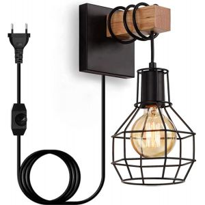 Subzonal-Applique Murale Int&eacute;rieur Bois Vintage, E27 R&eacute;tro Dimmable Lampe Murale Avec Prise Et Interrupteur, Lampe De Chevet Industrielle Cage En M&eacute;tal Pour Chambre, Salon, Escalier, Noir (Sans Ampou - Neuf