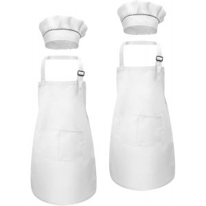KALANKA-Tablier Cuisine Enfant, Blanc Tablier Enfant et Chapeau de Chef Set pour Cuisson Peinture l'artisanat, Réglables Bambin Tablier avec 2 Poches pour Filles Garçons 6-13 Ans - Neuf