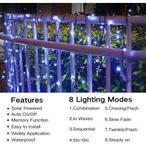 TIANYI-Guirlande Lumineuse Solaire, 20M 200 LED Exterieur Guirlande Lumineuse Solaire 8 Modes Etanche Sapin de No&euml;l Int&eacute;rieur Lumi&egrave;re pour Jardin Terrasse F&ecirc;te Mariage Cour D&eacute;coration, Blanc Froid - Neuf