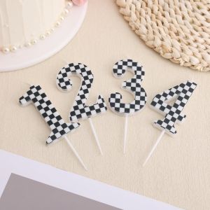 Eryi-Bougie D'anniversaire Voiture De Course, Noir Blanc Drapeau À Damier Bougie Numéro Décoration Fête D'anniversaire Décoration Gâteau Pour Garçons Thème Voiture Course Articles Fête (Numéro 4) - Neuf