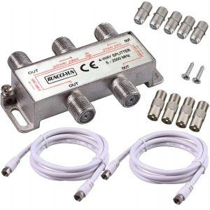 4-Voies Répartiteur Large Bande TV CATV d¿Intérieur Séparateur MoCA 5-2500MHz avec 2 * 1,5 m de Câble Coax F Prises pour Sky Box Telewest Eurovox Starview Dreambox - Neuf