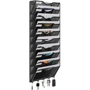 3 Compartiments M&eacute;tal Porte Revue Mural Porte Document Suspendu A4 Organisateur De Bureau &Agrave; Suspendre Banette De Rangement Range Papier Corbeille A Courrier Murale Avec 5 Crochets,Noir - Neuf