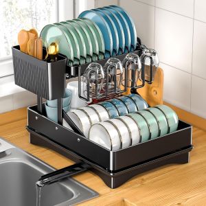 Mevronisshop-Gouttoir Vaisselle Cuisine &Agrave; 2 Niveaux, Noir, Acier Au Carbone Et Plastique, S&egrave;che-Vaisselle Multifonctionnel Avec Porte-Ustensiles Et Drainage Automatique, Comptoir De Cuisine - Neuf