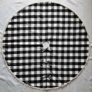 Jupe de sapin de No&euml;l en lin, tablier rond pour table &agrave; manger, int&eacute;rieur, rouge et noir, doux et non toxique, 122 cm, bordure &agrave; pompons. - Neuf