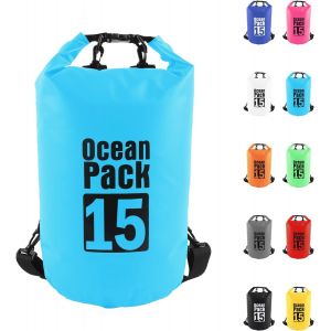 KALANKA-15L Sac étanche Polyvalent, 2L/5L/10L/15L/20L/30L Bleu Ciel Waterproof Dry Bag avec Longue Bandoulière Réglable Sac à Dos Confort Imperméable pour Bateau/Kayak/Pêche/Rafting/Natation/Camping/ - Neuf